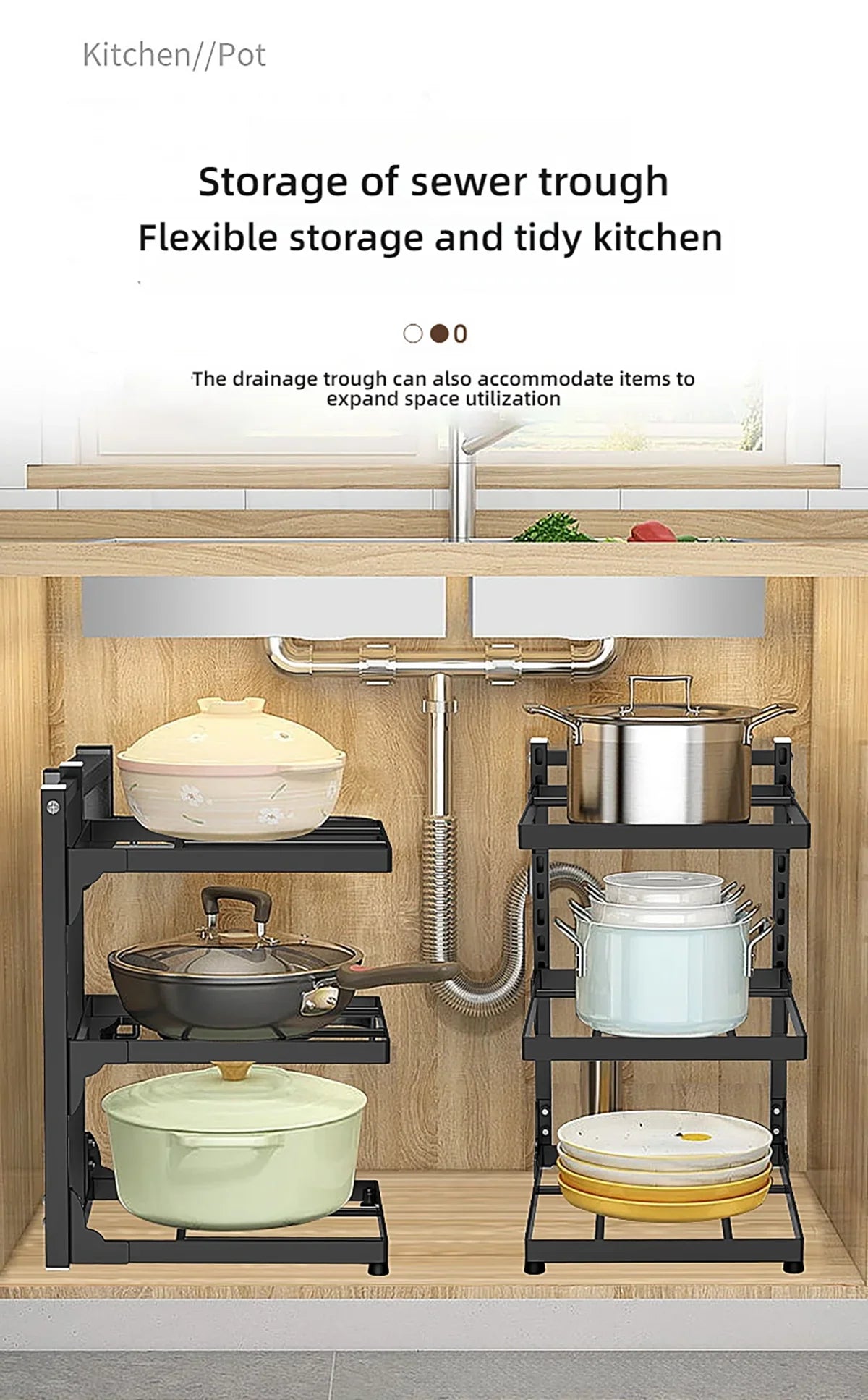 Kitchen Sink Storage Rack Multi-Layer Cooker Storage Rack for Home Stovetop Cabinets Adjustable Pot Rack Pantry Storage