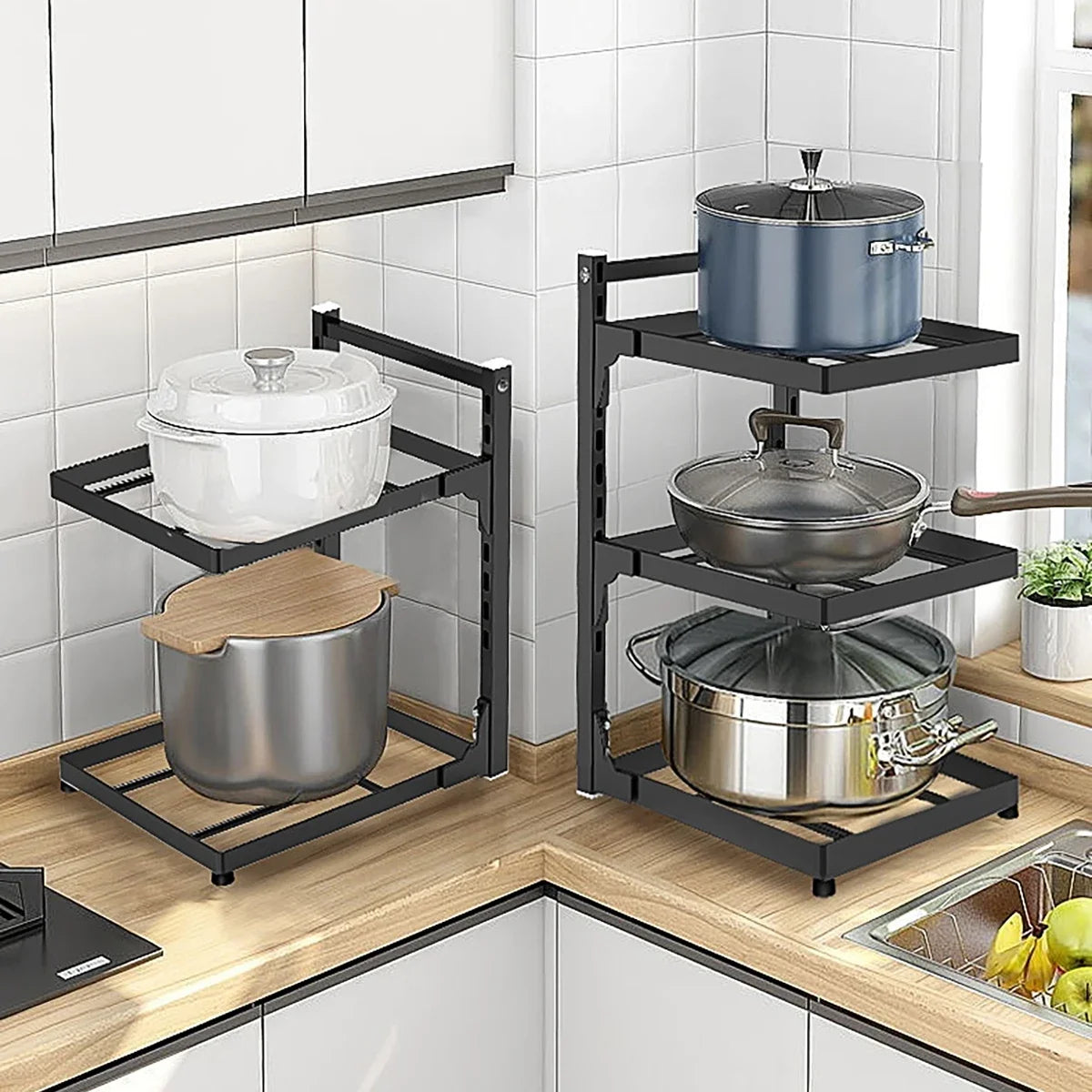 Kitchen Sink Storage Rack Multi-Layer Cooker Storage Rack for Home Stovetop Cabinets Adjustable Pot Rack Pantry Storage
