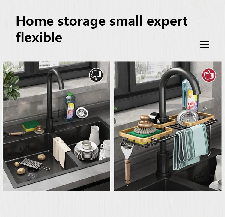 Kitchen Space Aluminum Sink Drain Rack Sponge Storage Faucet Holder Soap Drainer Shelf Basket Organizer Bathroom Accessories