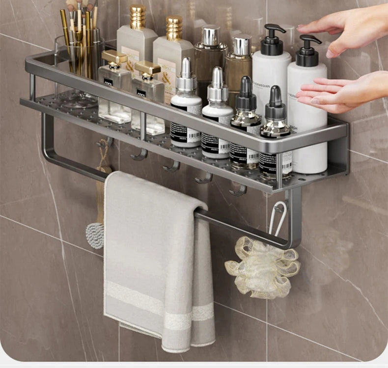 50CM/60CM Aluminum Bathroom Shelf Shelves Shampoo Makeup Storage Holder Kitchen Organizer Wall Mounted Rack Access