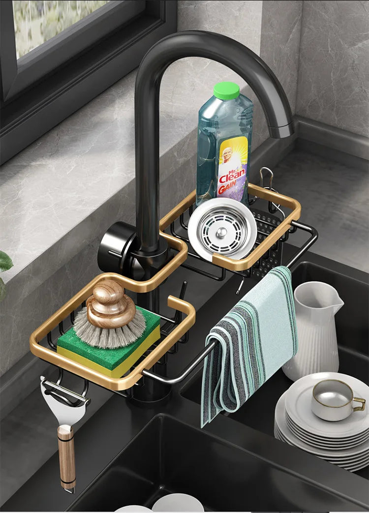 Kitchen Space Aluminum Sink Drain Rack Sponge Storage Faucet Holder Soap Drainer Shelf Basket Organizer Bathroom Accessories