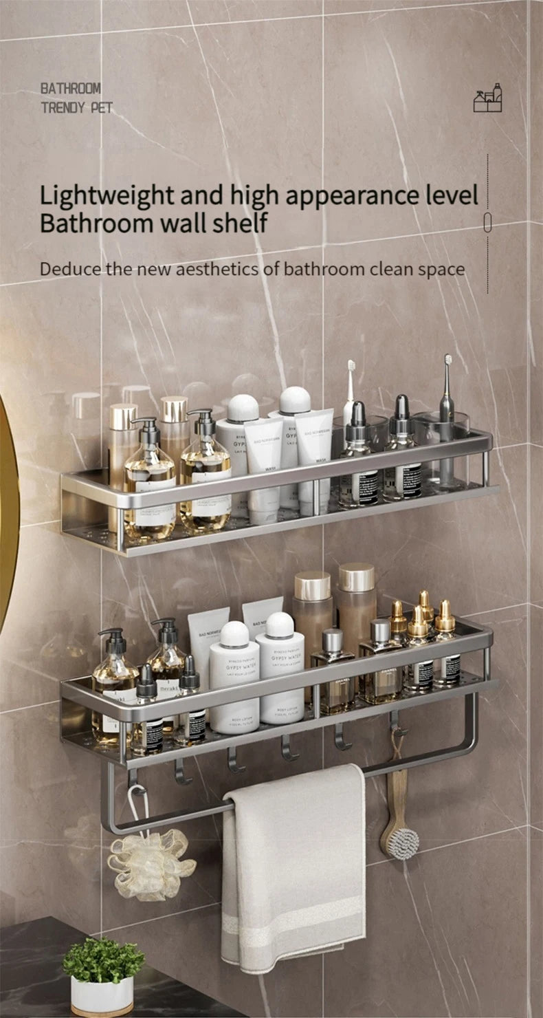 50CM/60CM Aluminum Bathroom Shelf Shelves Shampoo Makeup Storage Holder Kitchen Organizer Wall Mounted Rack Access