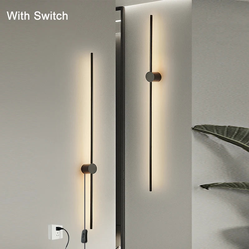 Indoor 360° Rotatable LED Wall Lamps with EU/US Plug Switch for Bedroom TV Background Long Strip Black Copper LED Wall Lights