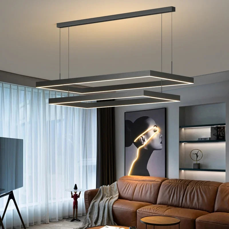 Nordic Square Led Ceiling Chandelier Dimmable for Dining Living Room Center Table Bedroom Pendant Light Minimalist Decor Fixture