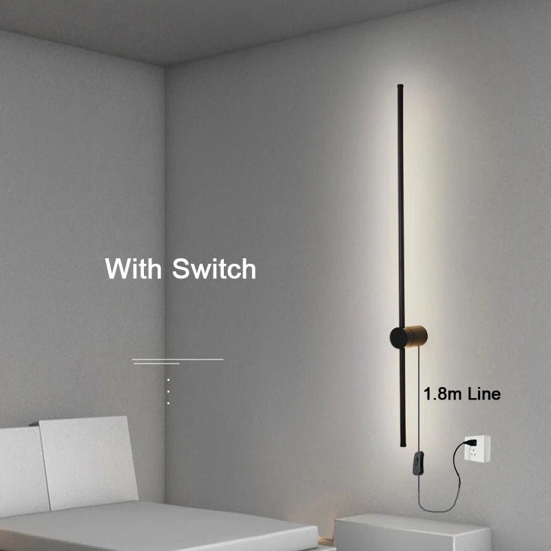 Indoor 360° Rotatable LED Wall Lamps with EU/US Plug Switch for Bedroom TV Background Long Strip Black Copper LED Wall Lights