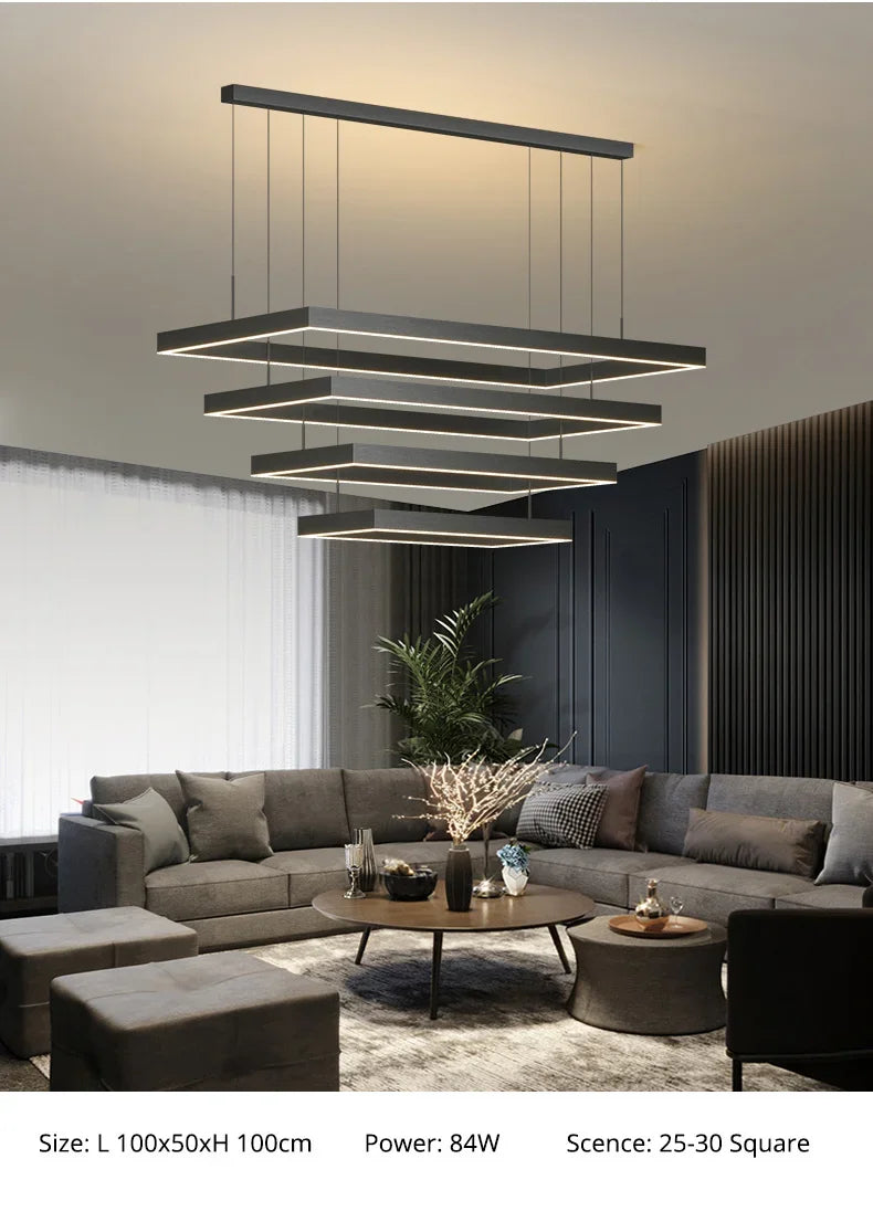 Nordic Square Led Ceiling Chandelier Dimmable for Dining Living Room Center Table Bedroom Pendant Light Minimalist Decor Fixture