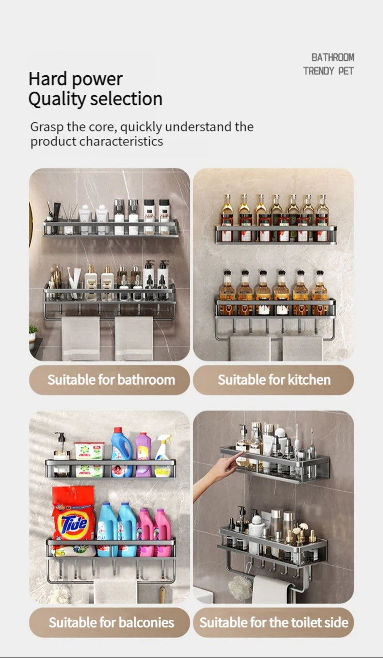 50CM/60CM Aluminum Bathroom Shelf Shelves Shampoo Makeup Storage Holder Kitchen Organizer Wall Mounted Rack Access
