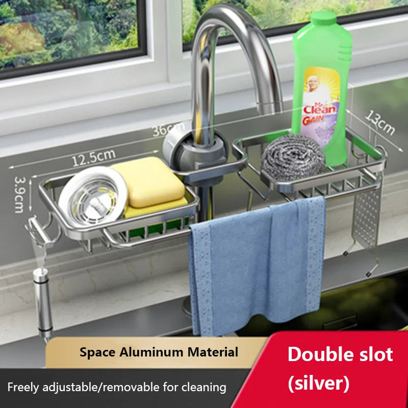Kitchen Space Aluminum Sink Drain Rack Sponge Storage Faucet Holder Soap Drainer Shelf Basket Organizer Bathroom Accessories