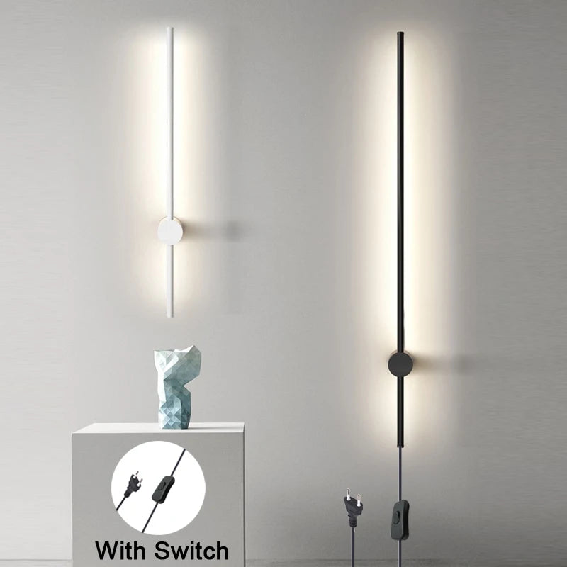 Indoor 360° Rotatable LED Wall Lamps with EU/US Plug Switch for Bedroom TV Background Long Strip Black Copper LED Wall Lights
