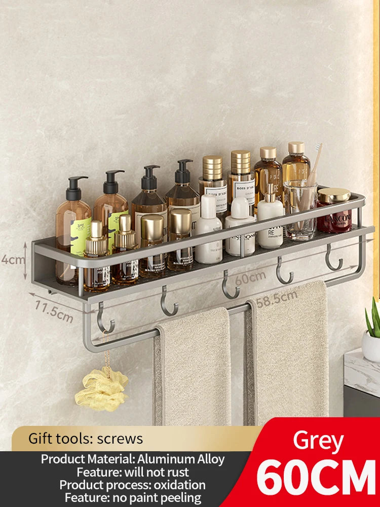 50CM/60CM Aluminum Bathroom Shelf Shelves Shampoo Makeup Storage Holder Kitchen Organizer Wall Mounted Rack Access