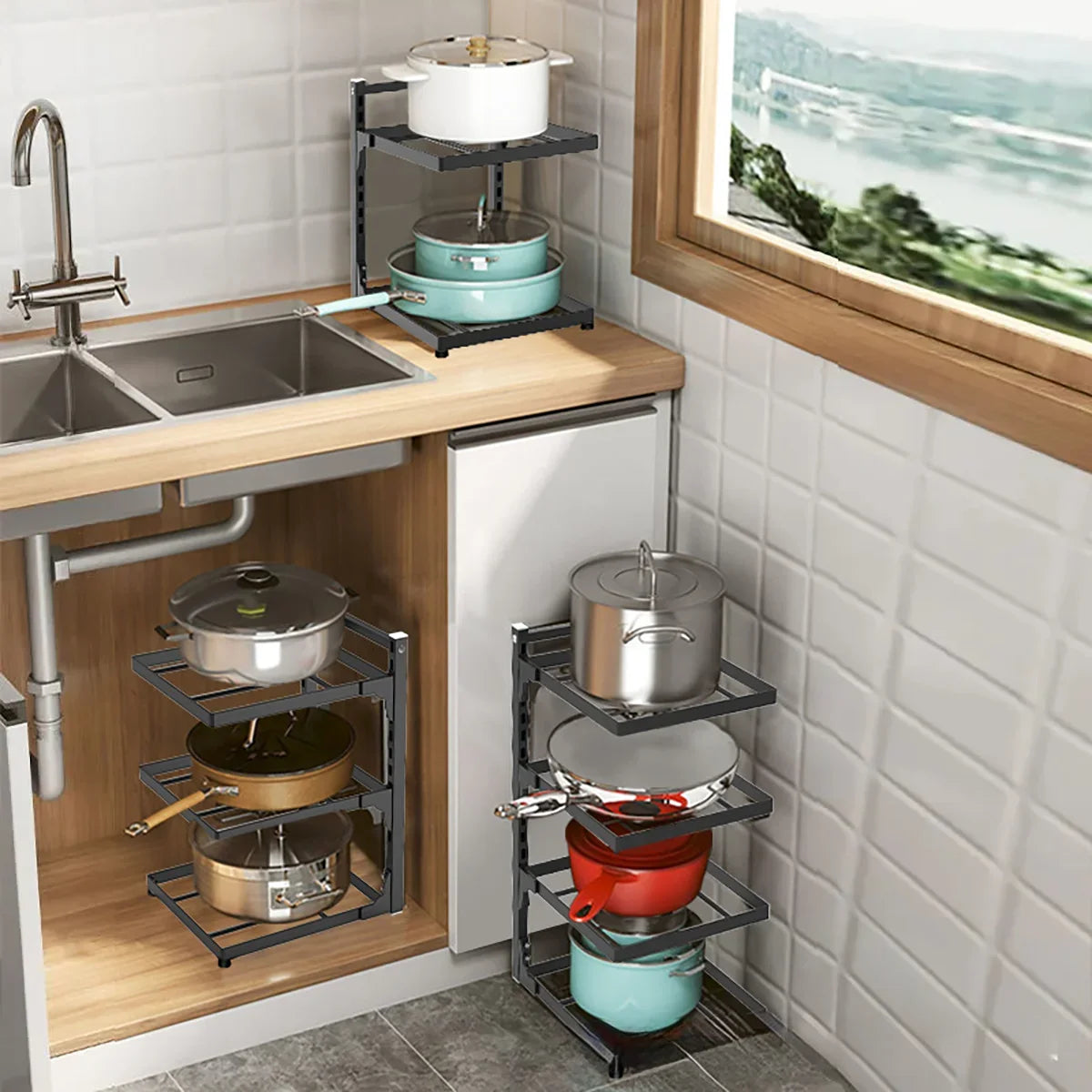 Kitchen Sink Storage Rack Multi-Layer Cooker Storage Rack for Home Stovetop Cabinets Adjustable Pot Rack Pantry Storage