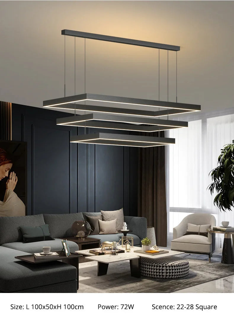 Nordic Square Led Ceiling Chandelier Dimmable for Dining Living Room Center Table Bedroom Pendant Light Minimalist Decor Fixture