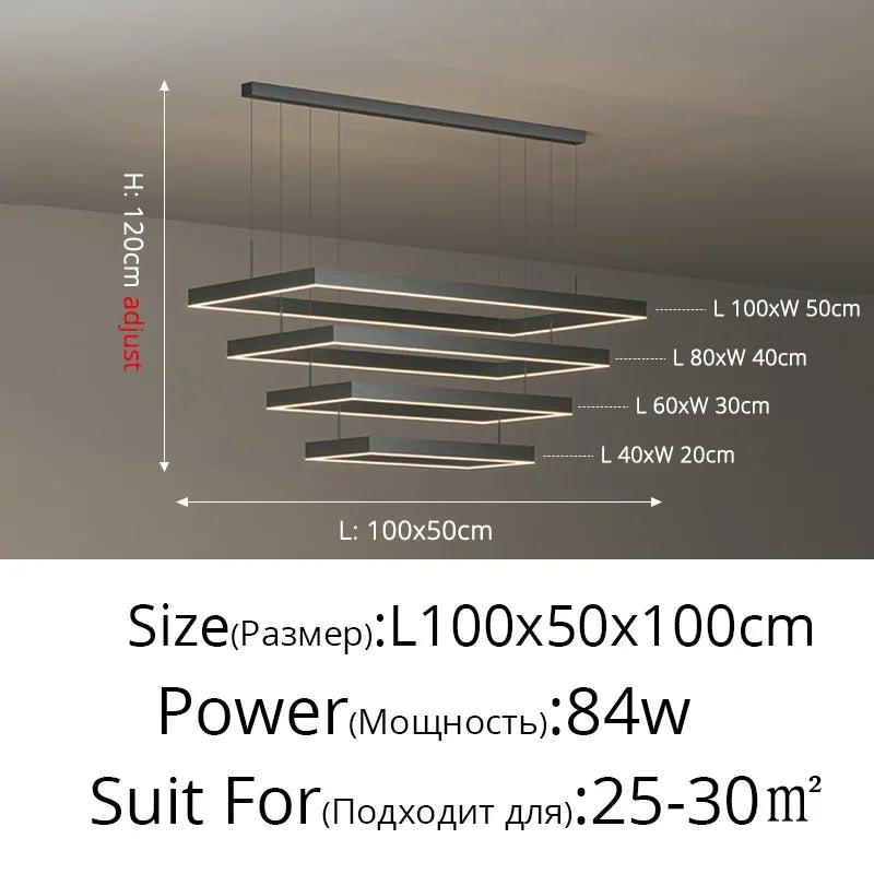 Nordic Square Led Ceiling Chandelier Dimmable for Dining Living Room Center Table Bedroom Pendant Light Minimalist Decor Fixture