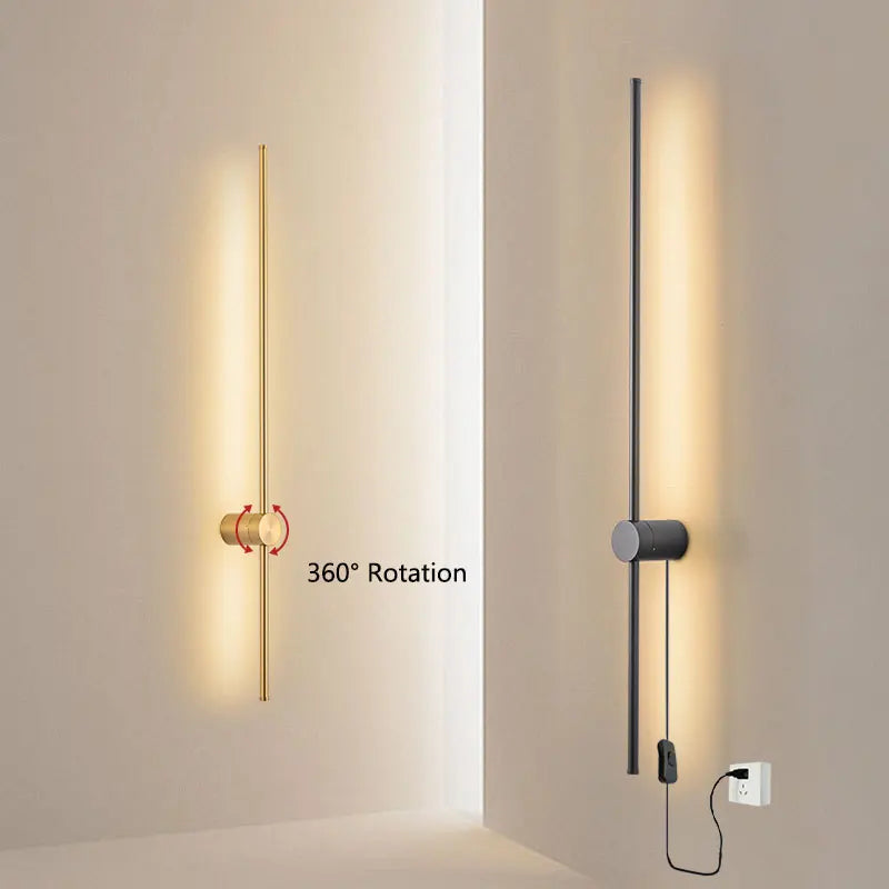Indoor 360° Rotatable LED Wall Lamps with EU/US Plug Switch for Bedroom TV Background Long Strip Black Copper LED Wall Lights