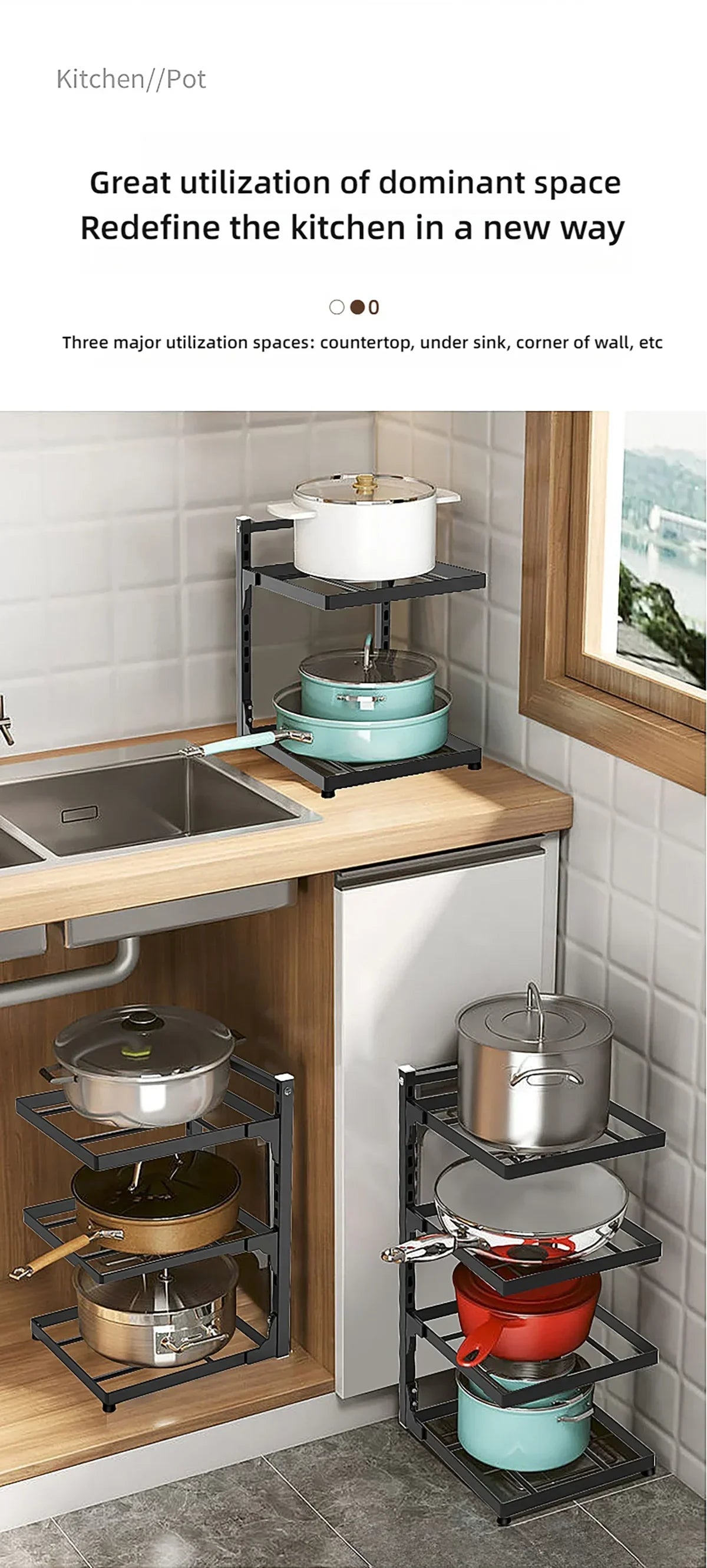 Kitchen Sink Storage Rack Multi-Layer Cooker Storage Rack for Home Stovetop Cabinets Adjustable Pot Rack Pantry Storage