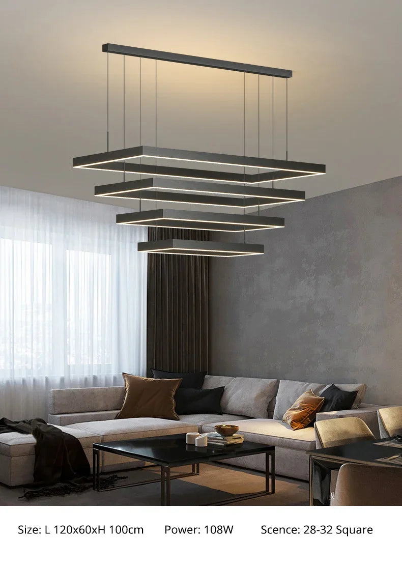 Nordic Square Led Ceiling Chandelier Dimmable for Dining Living Room Center Table Bedroom Pendant Light Minimalist Decor Fixture