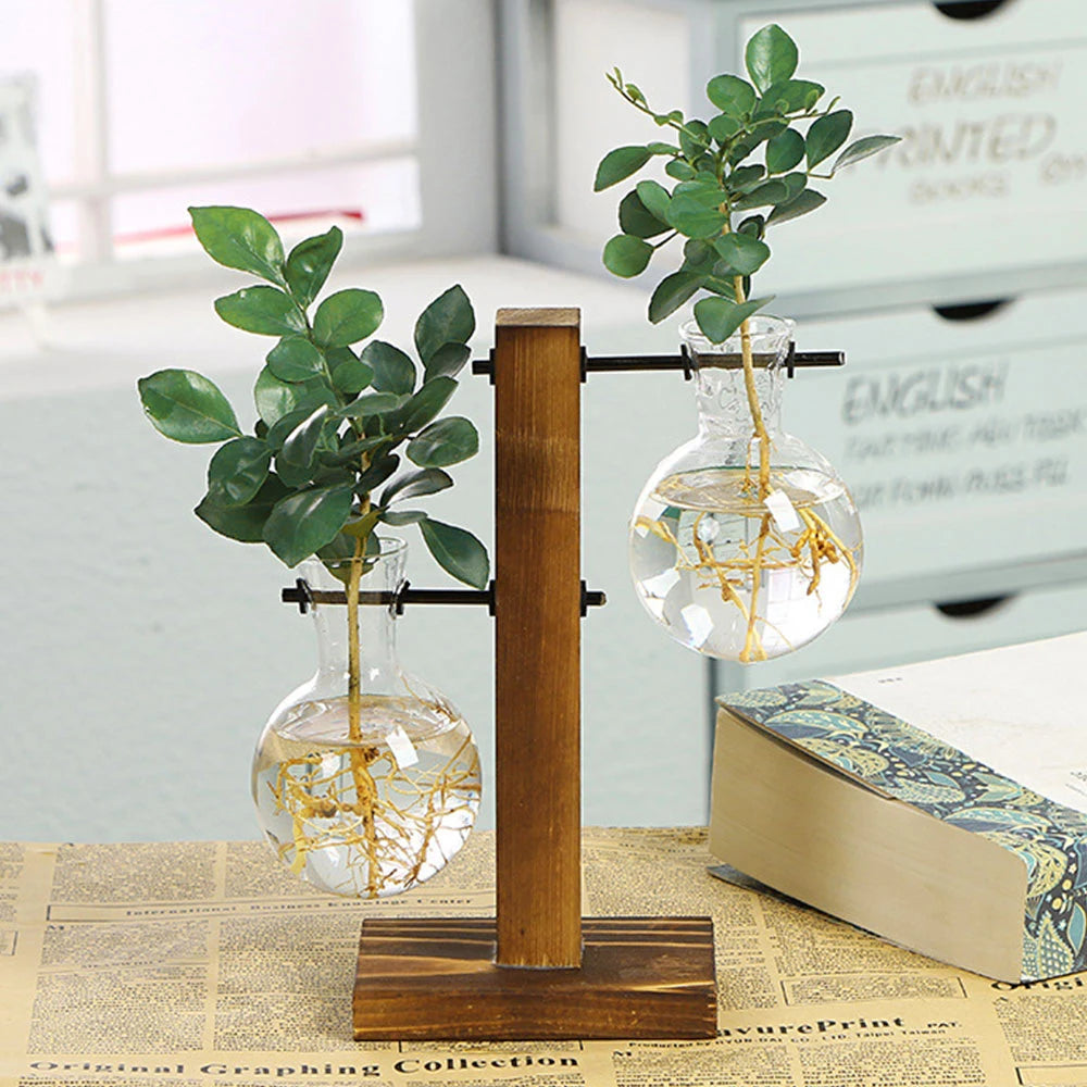 Glass Bulb Vase with Wooden Stand - EazerHome