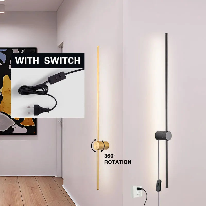 Indoor 360° Rotatable LED Wall Lamps with EU/US Plug Switch for Bedroom TV Background Long Strip Black Copper LED Wall Lights