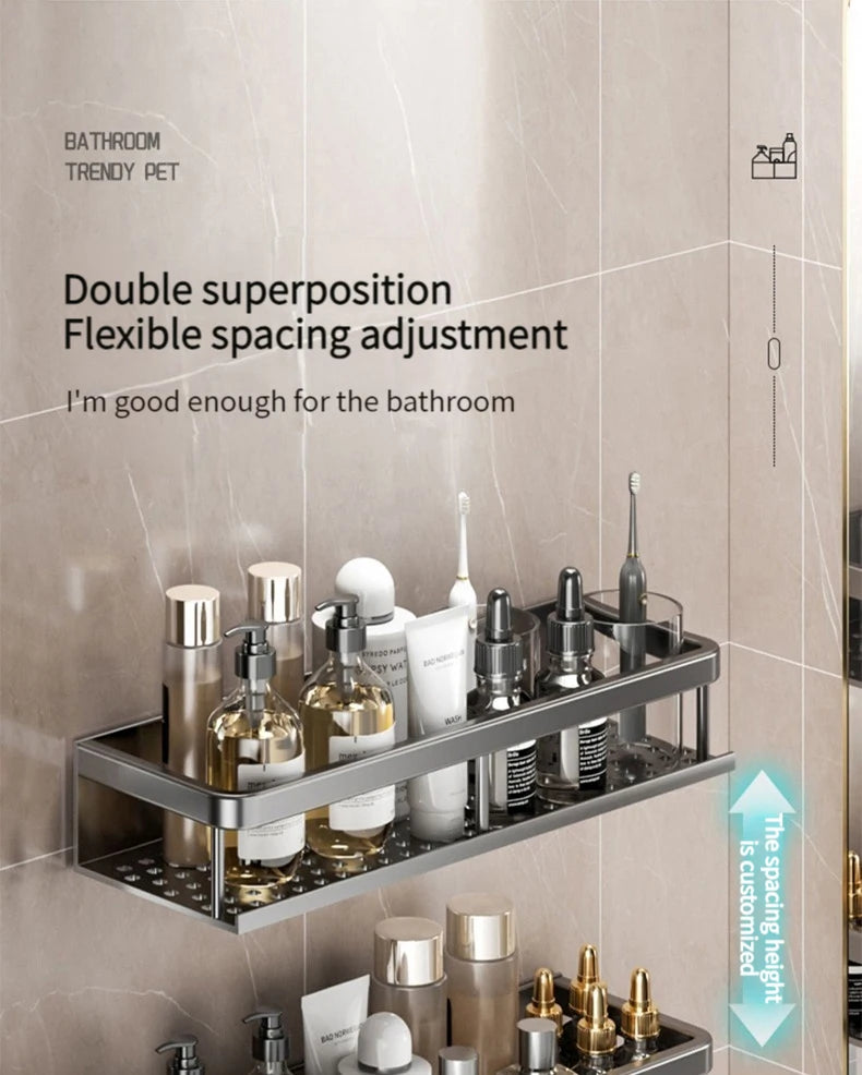 50CM/60CM Aluminum Bathroom Shelf Shelves Shampoo Makeup Storage Holder Kitchen Organizer Wall Mounted Rack Access