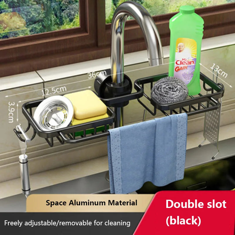 Kitchen Space Aluminum Sink Drain Rack Sponge Storage Faucet Holder Soap Drainer Shelf Basket Organizer Bathroom Accessories
