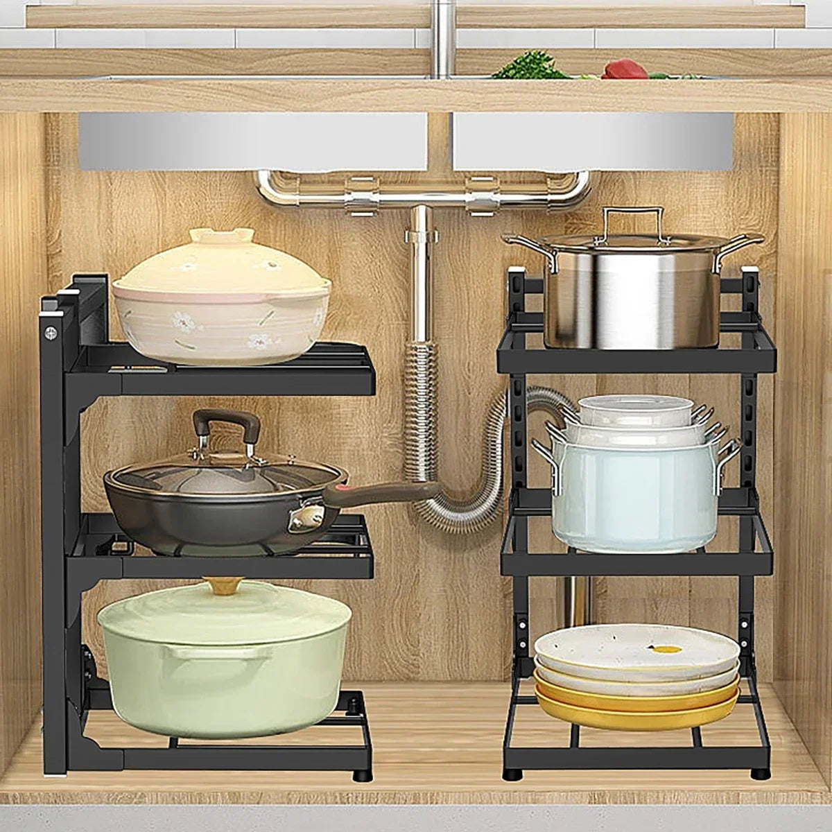 Kitchen Sink Storage Rack Multi-Layer Cooker Storage Rack for Home Stovetop Cabinets Adjustable Pot Rack Pantry Storage
