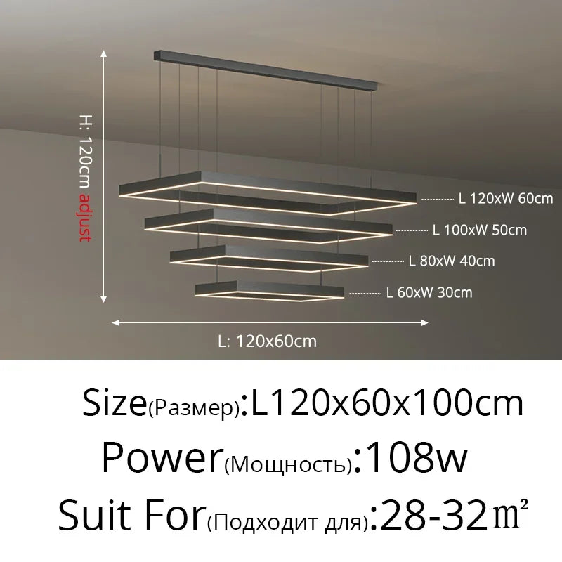 Nordic Square Led Ceiling Chandelier Dimmable for Dining Living Room Center Table Bedroom Pendant Light Minimalist Decor Fixture
