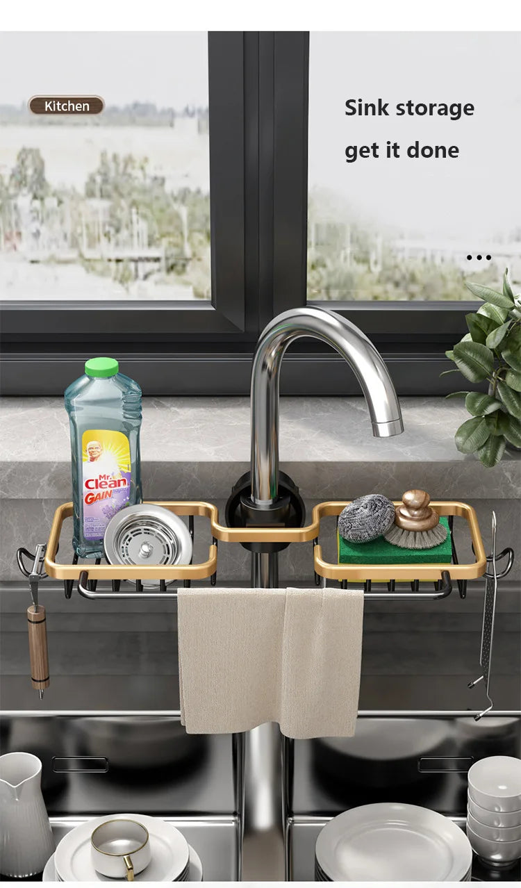 Kitchen Space Aluminum Sink Drain Rack Sponge Storage Faucet Holder Soap Drainer Shelf Basket Organizer Bathroom Accessories