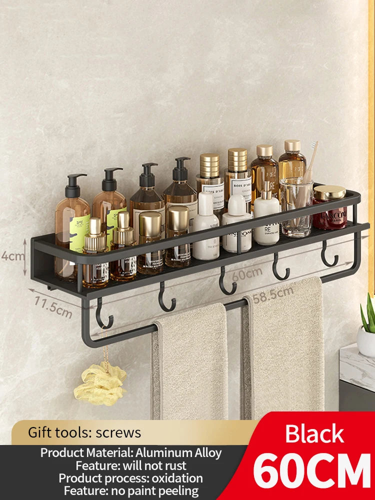 50CM/60CM Aluminum Bathroom Shelf Shelves Shampoo Makeup Storage Holder Kitchen Organizer Wall Mounted Rack Access